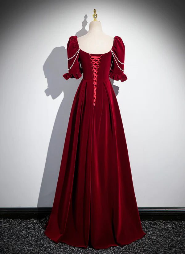 Vestido de fiesta largo de manga corta de terciopelo rojo vino